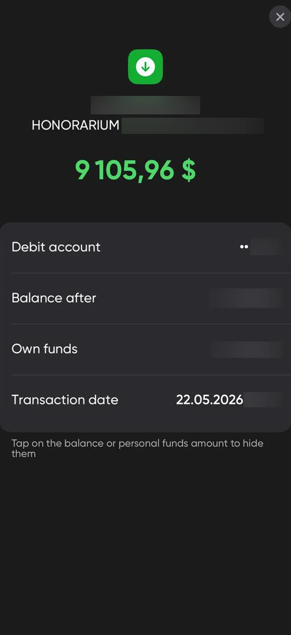 Выплата гонорара 9 105,96 $